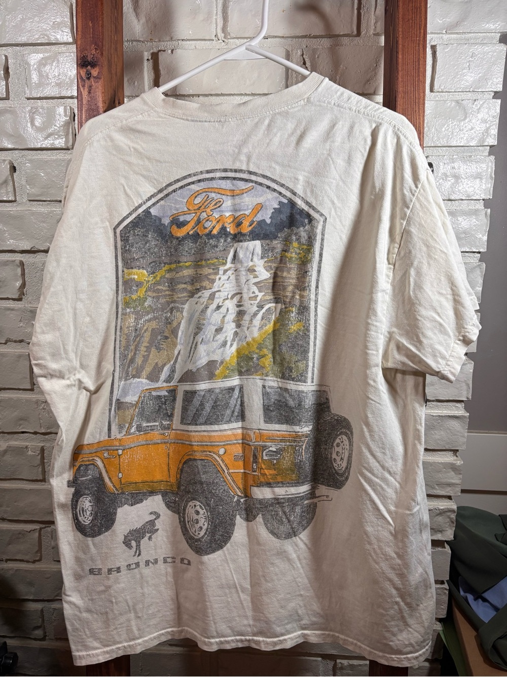 vintage-style off-white Ford Bronco graphic t-shirt
